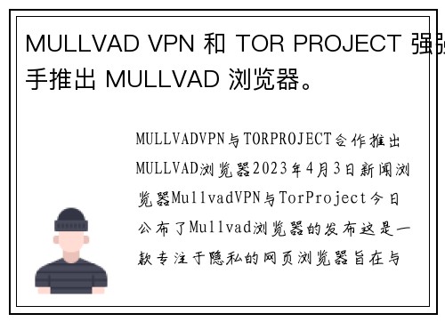 MULLVAD VPN 和 TOR PROJECT 强强联手推出 MULLVAD 浏览器。 